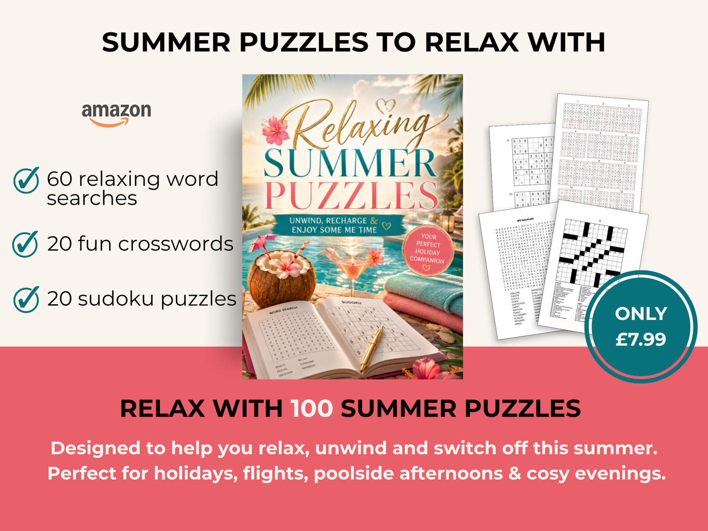 Relaxing Summer Puzzles: 100 Word Searches, Crosswords & Sudoku