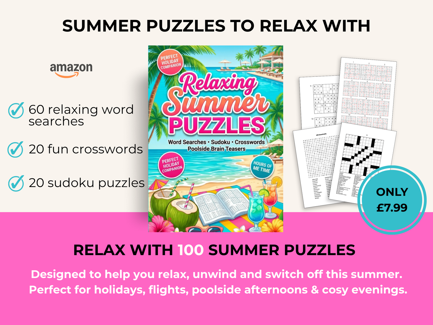 Relaxing Summer Puzzles: 100 Word Searches, Crosswords & Sudoku
